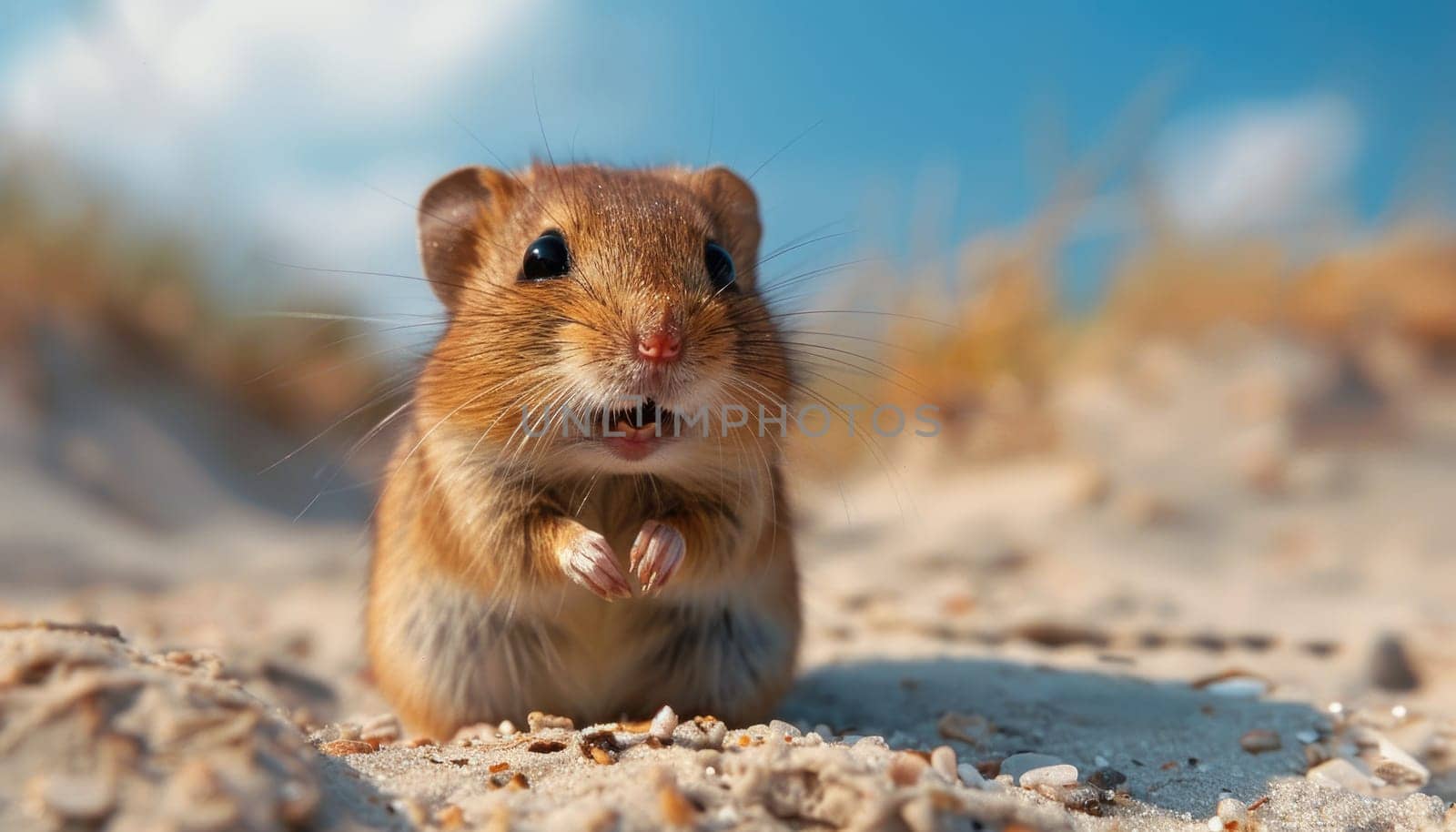 A small brown mouse wearing glasses is swimming in a pool by AI generated image.