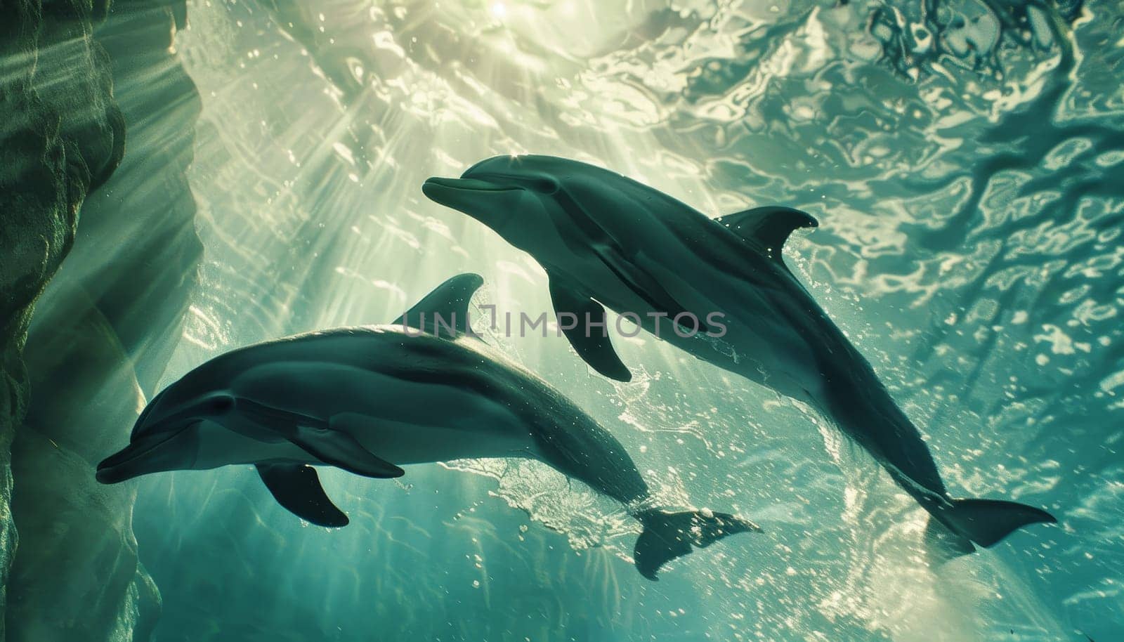 Two dolphins swimming in the ocean by AI generated image.