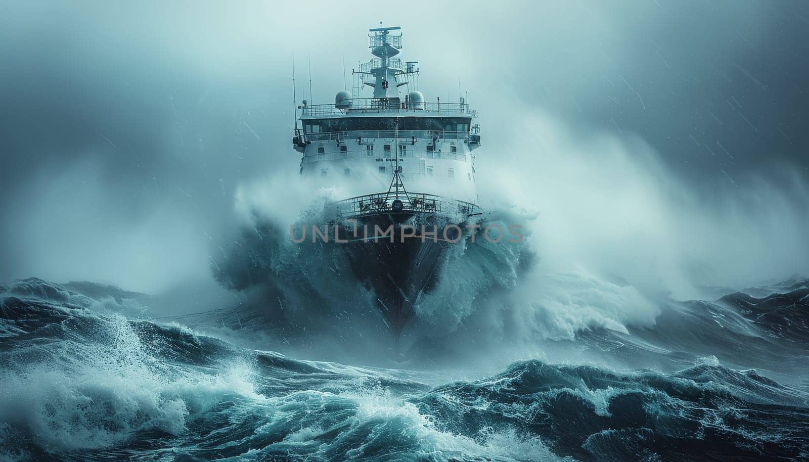 A large ship is in the middle of a stormy sea by AI generated image.