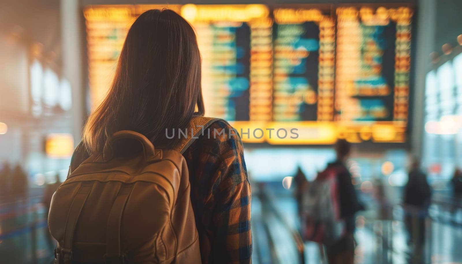 A woman with a backpack is standing in front of a large airport screen by AI generated image.