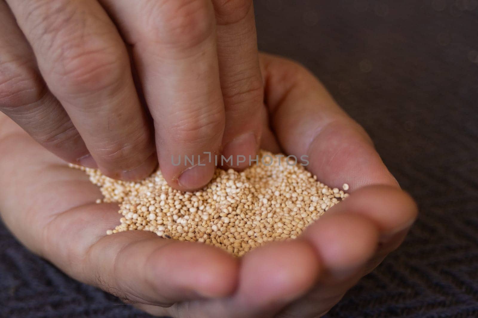 Man's hand holding quinoa seeds and touching the grains. by VeroDibe