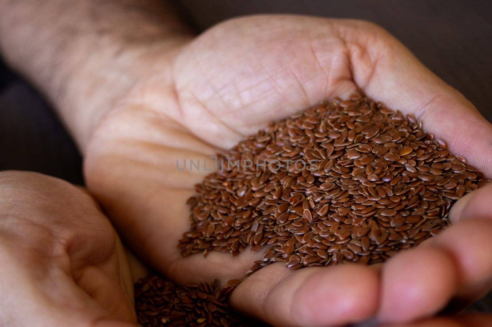 Hands holding flax seeds. Very close-up photo.Source of fiber and healthy oils by VeroDibe