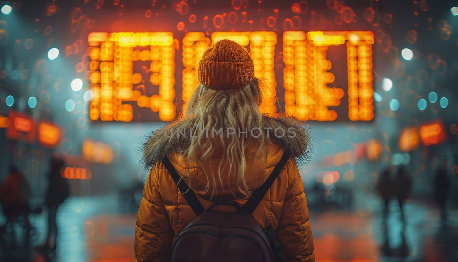 A woman with a backpack is standing in front of a large airport screen by AI generated image.