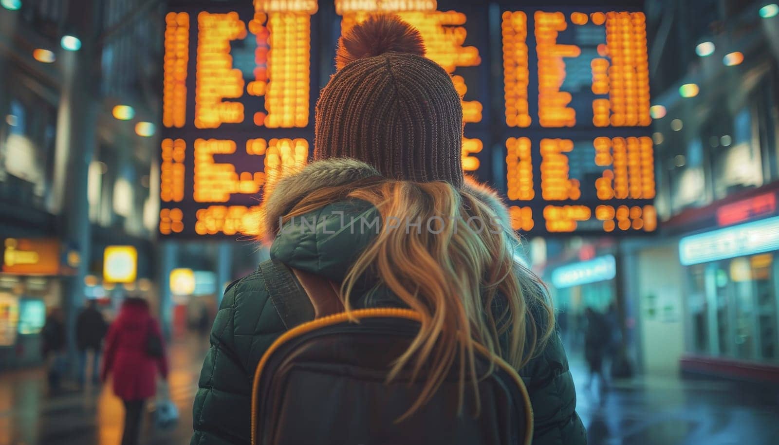 A woman with a backpack is standing in front of a large airport screen by AI generated image.