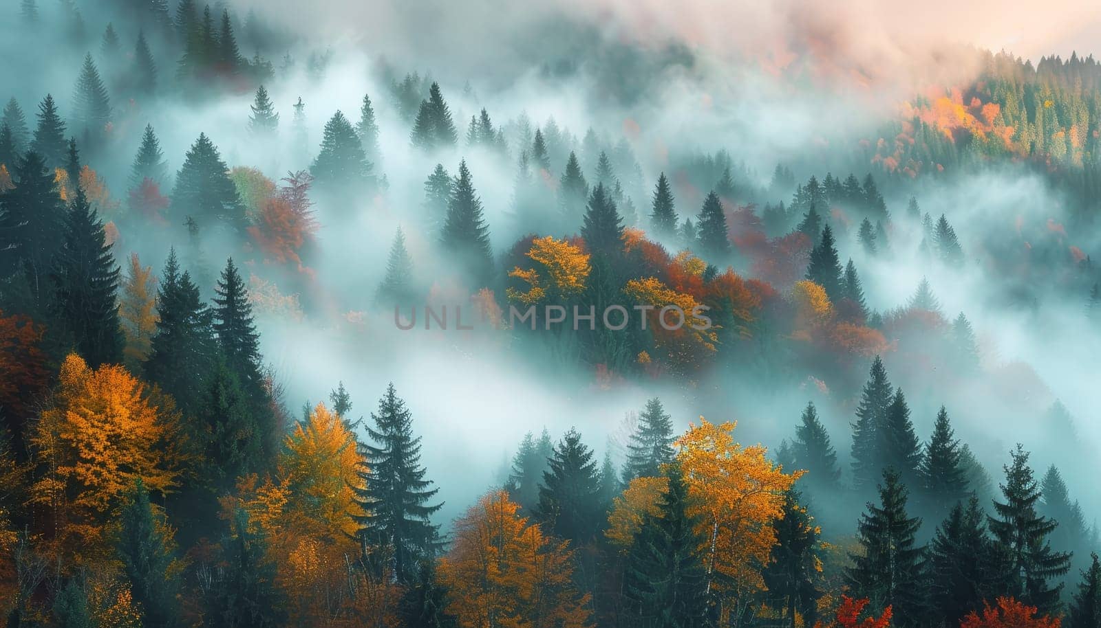 A foggy forest with trees in autumn colors by AI generated image.