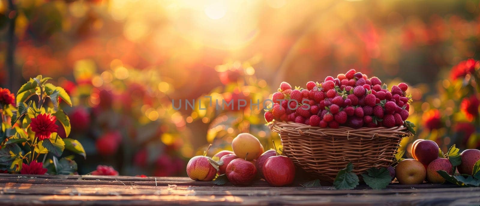 A basket of fruit is on a table in a garden by AI generated image.
