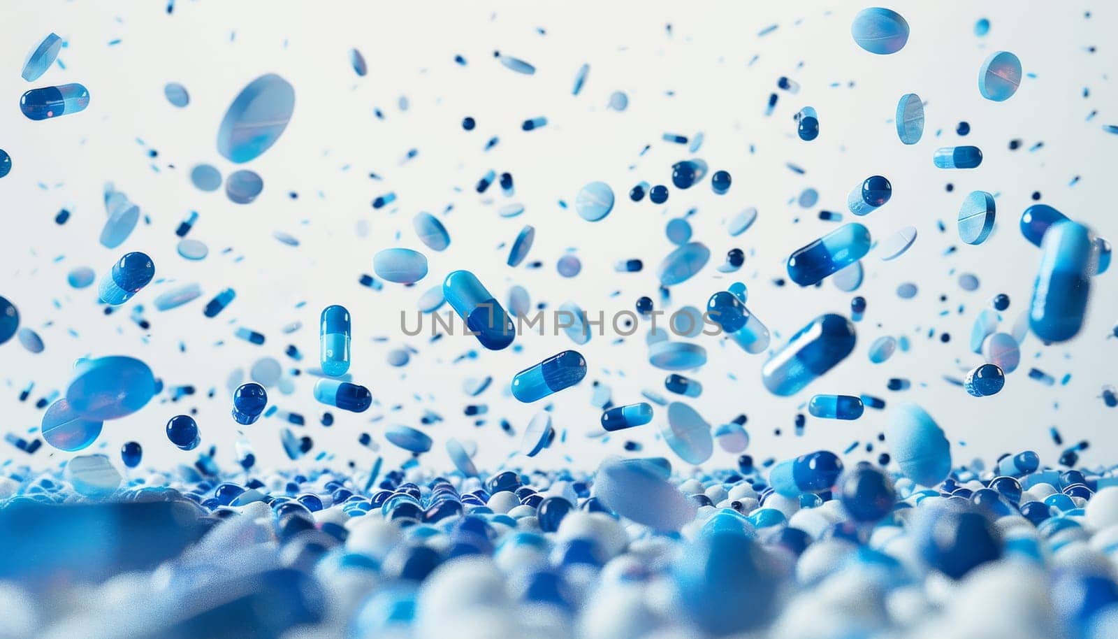 A large number of blue and white pills scattered in the air by AI generated image by wichayada