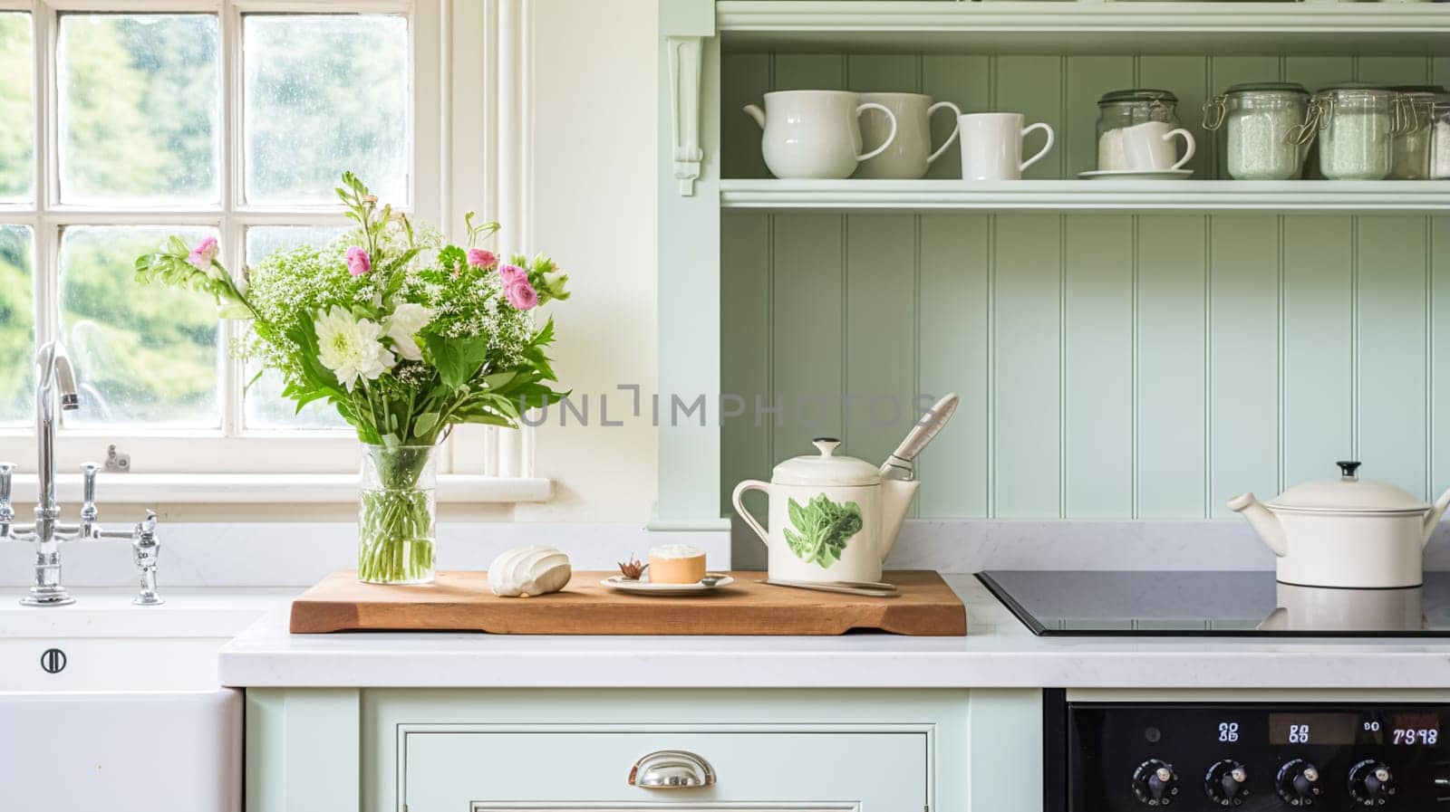 Mint cottage kitchen interior design, home decor and house improvement, English in frame kitchen cabinets in a country house by Anneleven