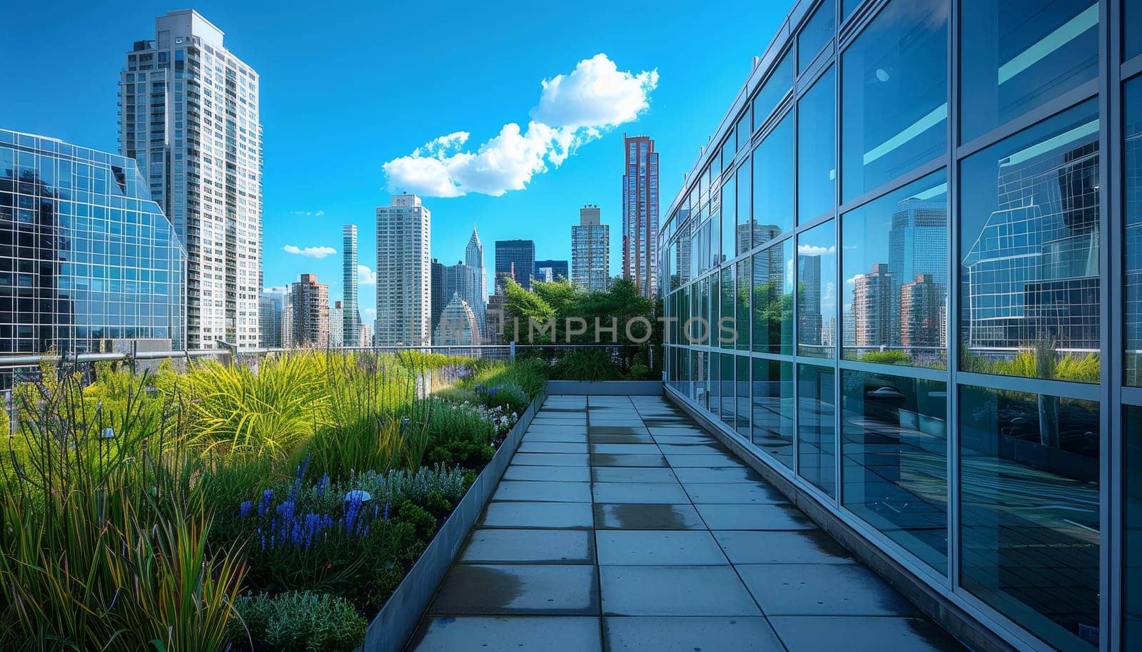 A cityscape with a glass roof and a green garden by AI generated image.
