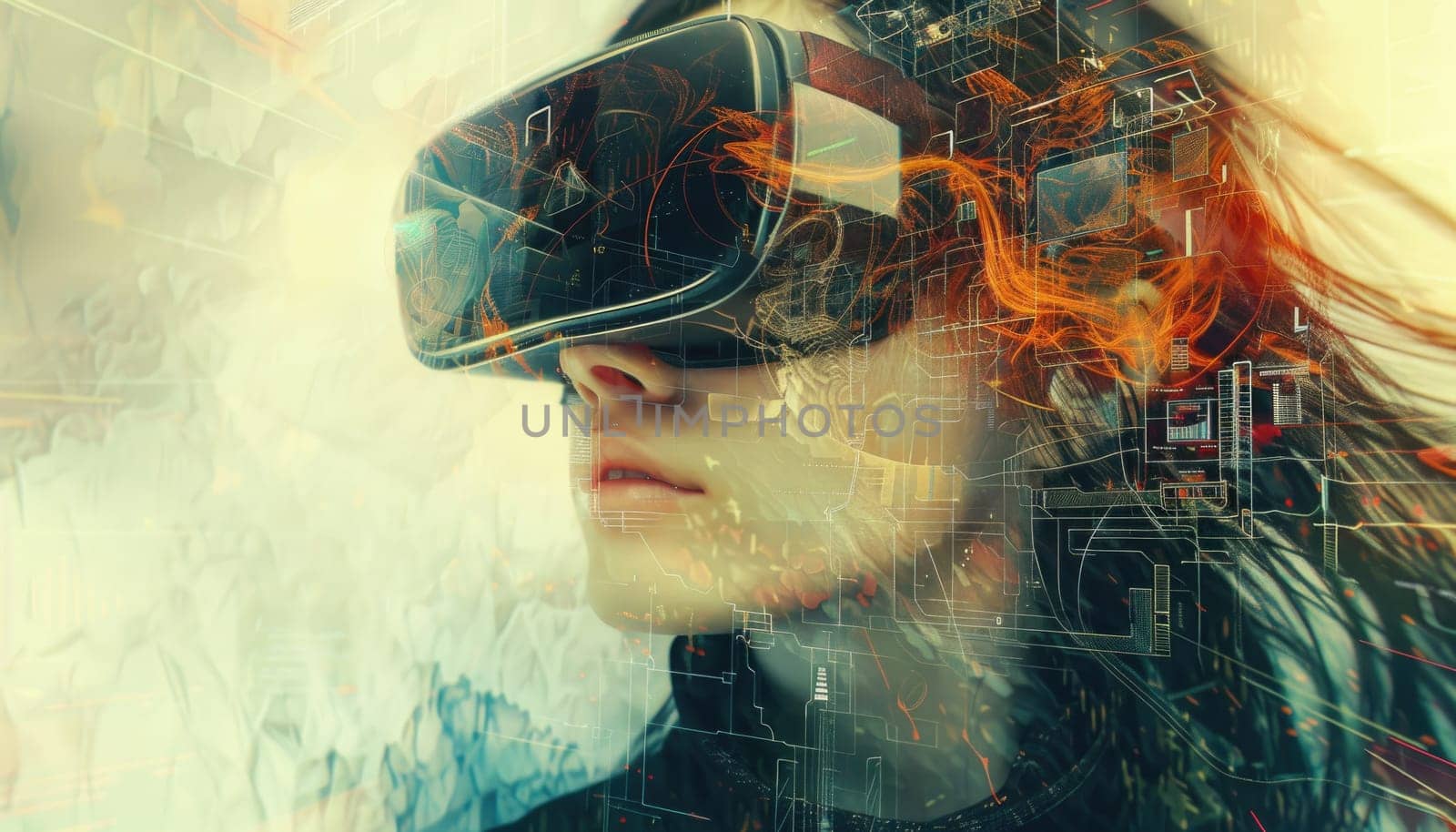 A woman wearing a virtual reality headset is looking at a starry sky by AI generated image.