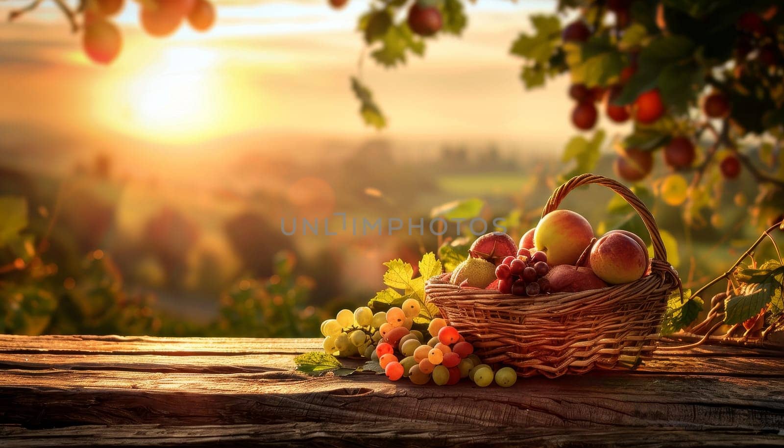 A basket of fruit is on a table in a garden by AI generated image.