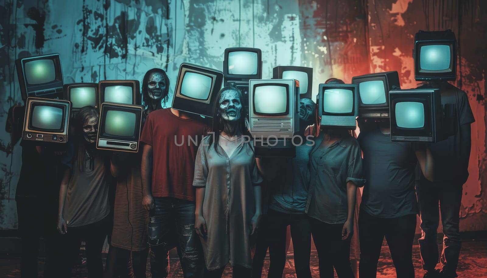 A group of people are standing in front of a building with their heads cut off by AI generated image by wichayada