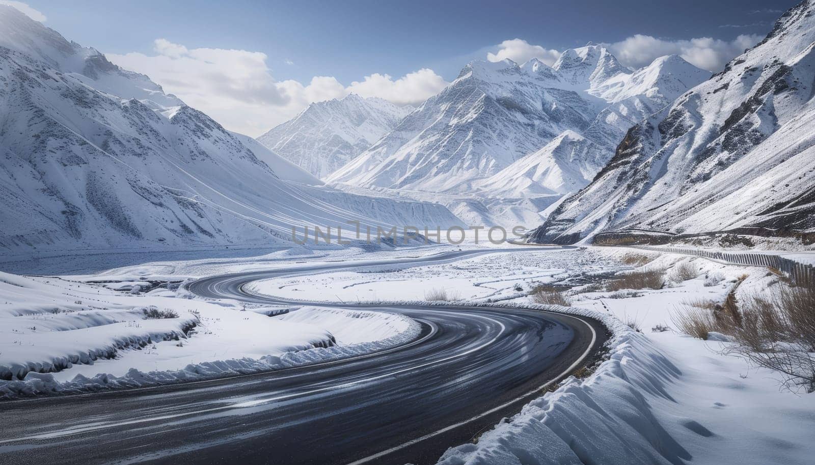 A snowy mountain range with a road in the middle by AI generated image.