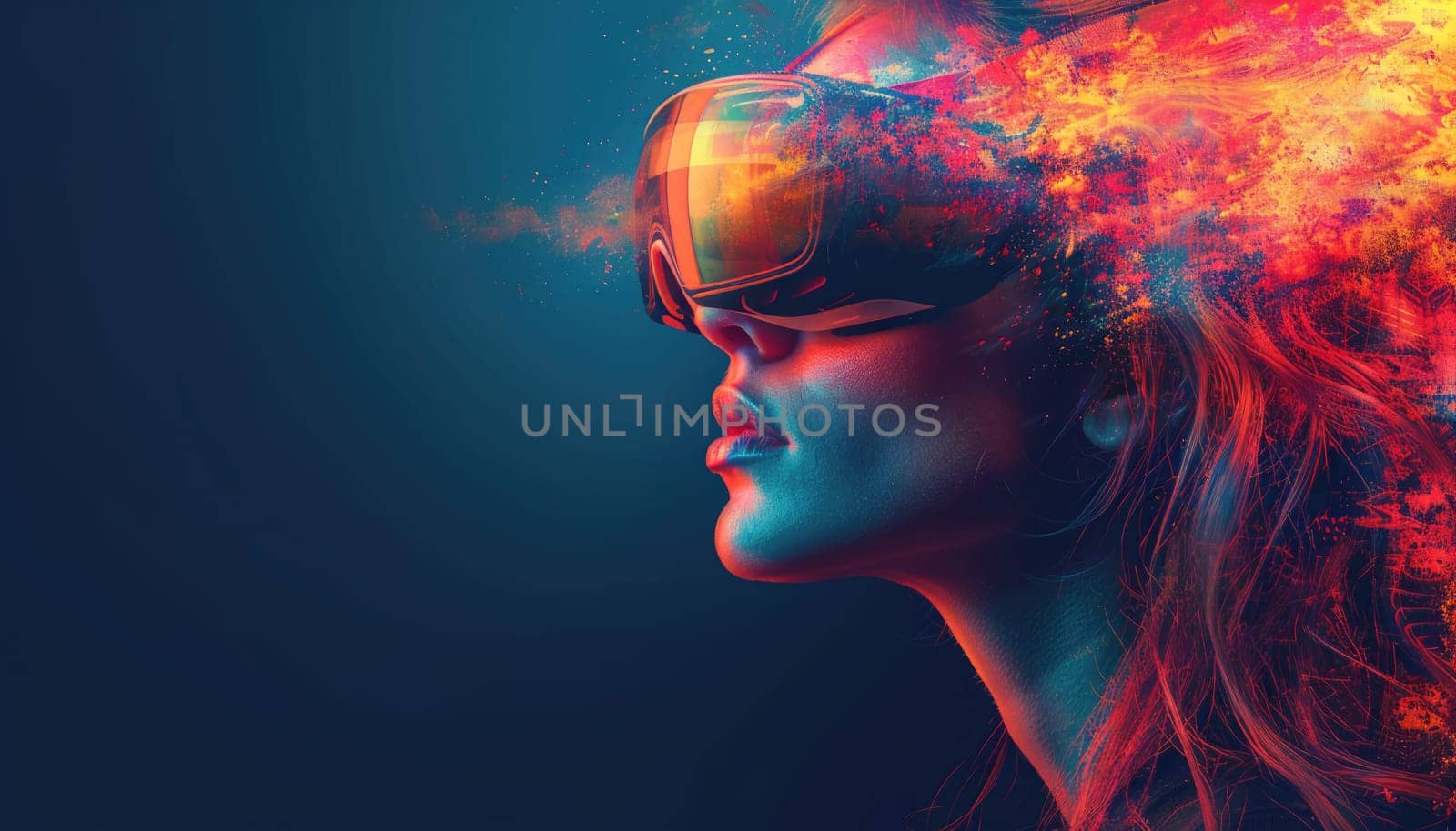 A woman wearing a virtual reality headset is looking at a starry sky by AI generated image.