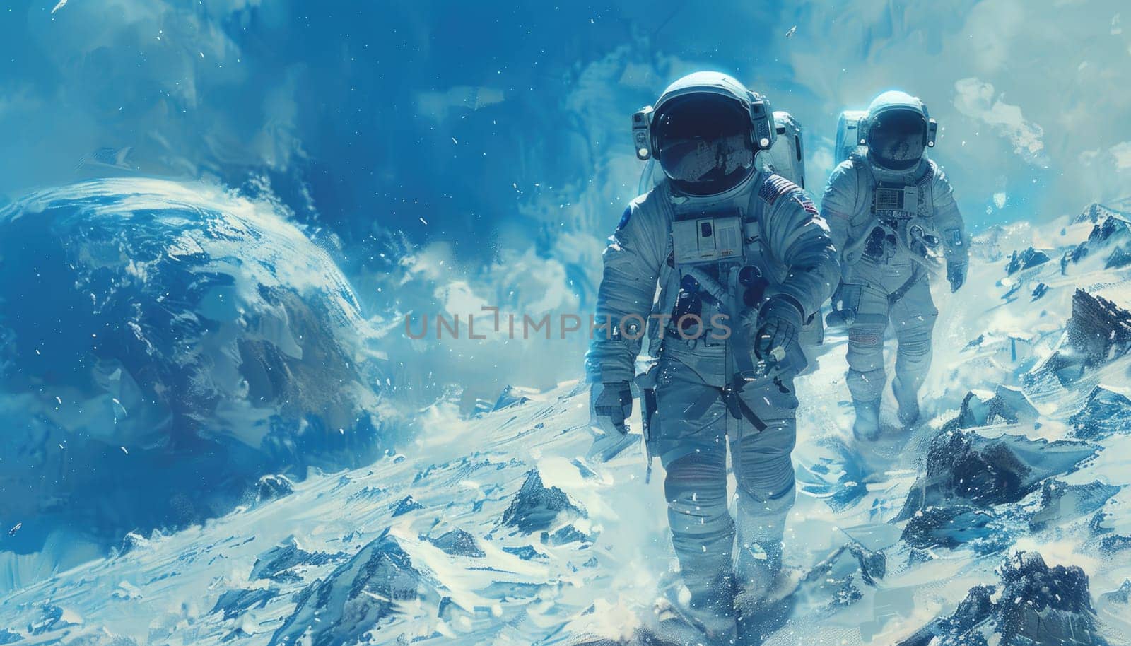 Two astronauts are walking on a snowy surface by AI generated image.