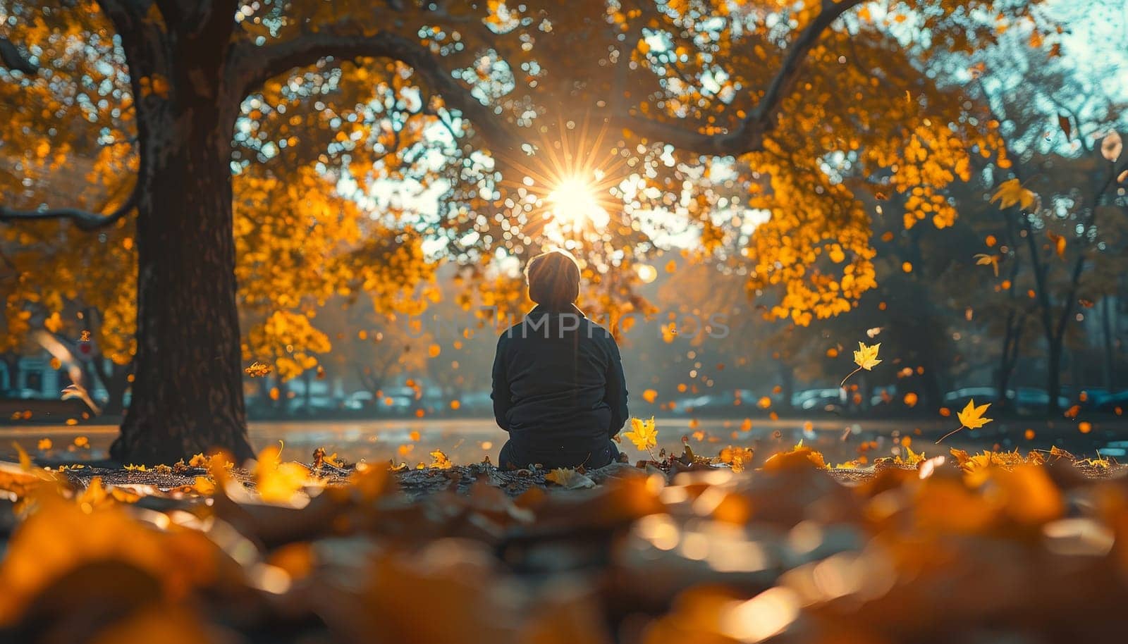 A person is sitting in a park with leaves on the ground by AI generated image.