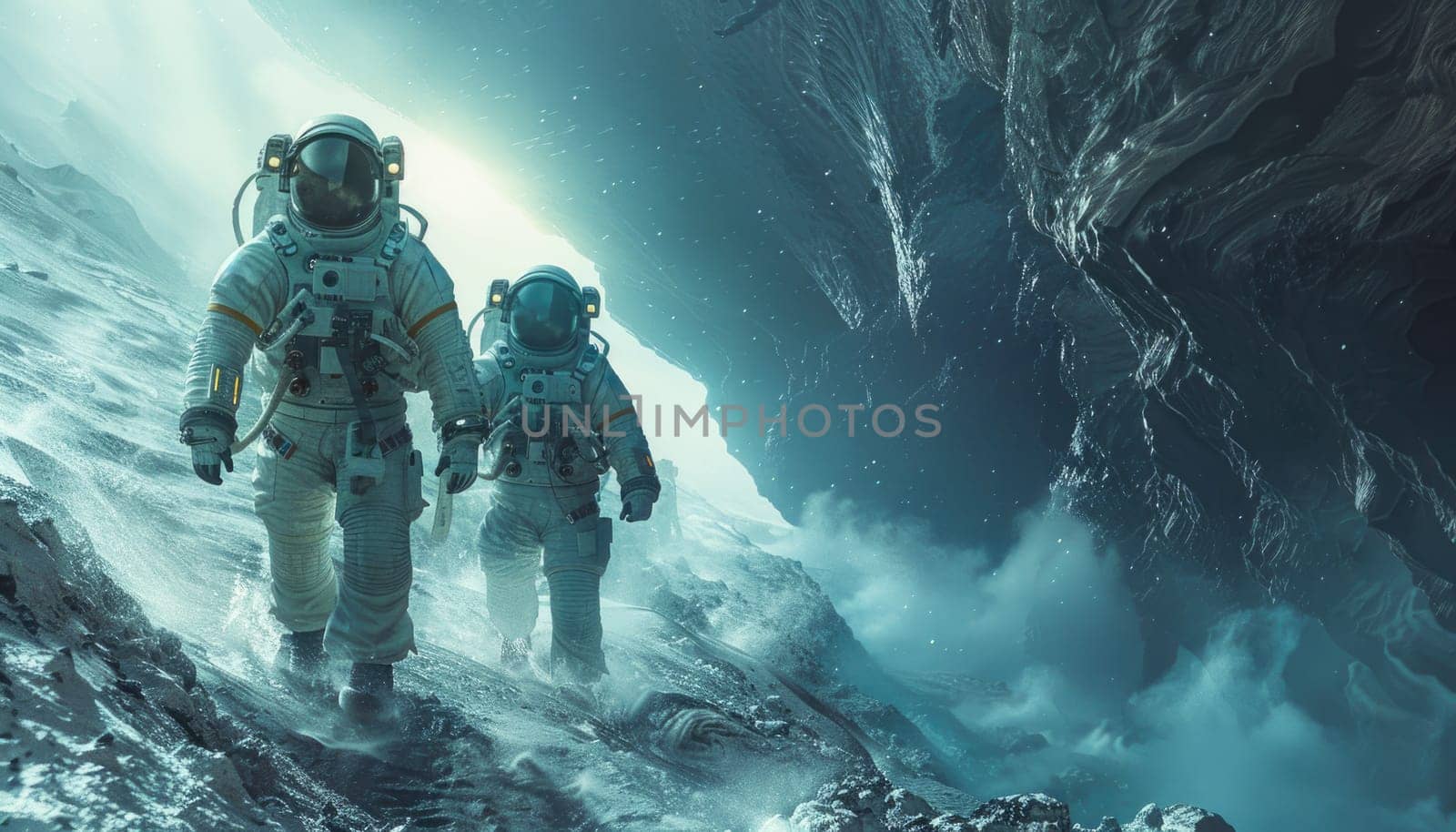 Two astronauts are walking on a snowy surface by AI generated image by wichayada