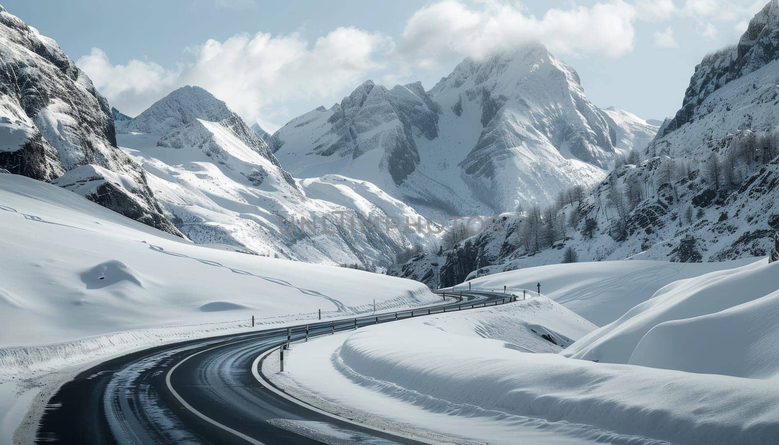 A snowy mountain range with a road in the middle by AI generated image.