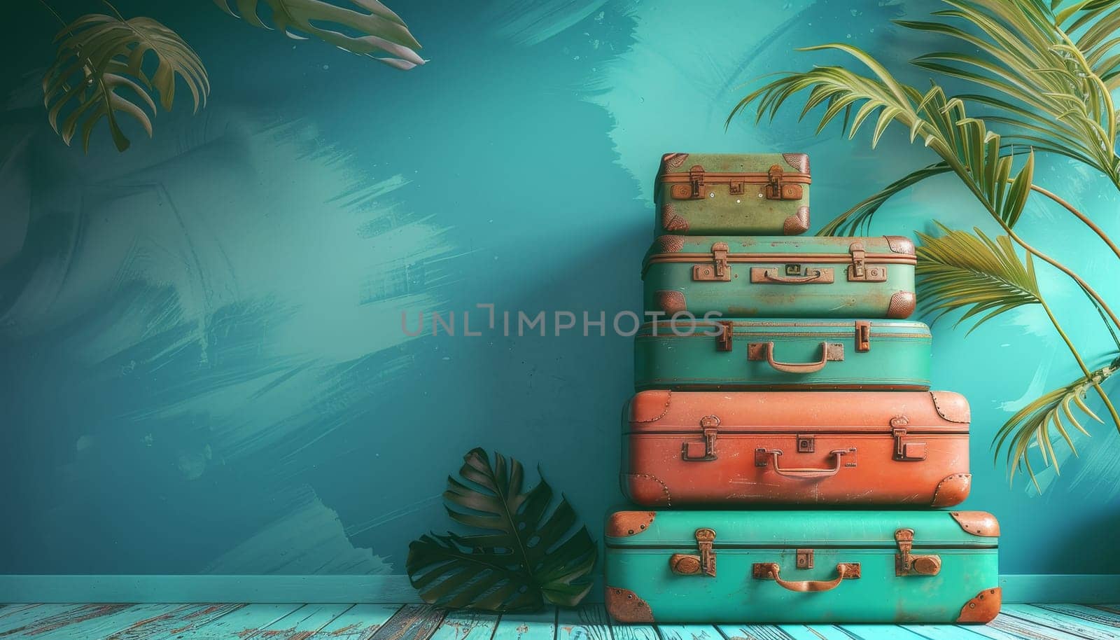 Three suitcases are stacked on top of each other in front of a green wall by AI generated image.