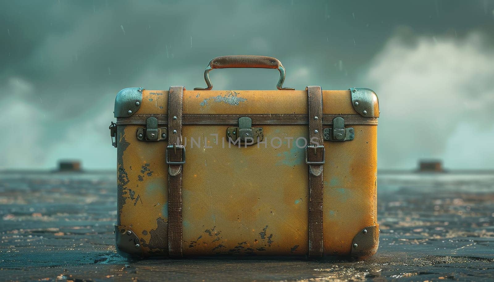 A yellow suitcase is sitting on a wet surface by AI generated image.
