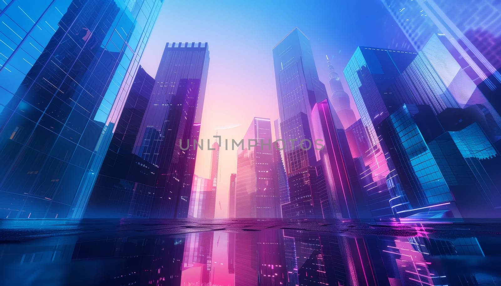 A cityscape with a bright blue sky and neon lights by AI generated image.