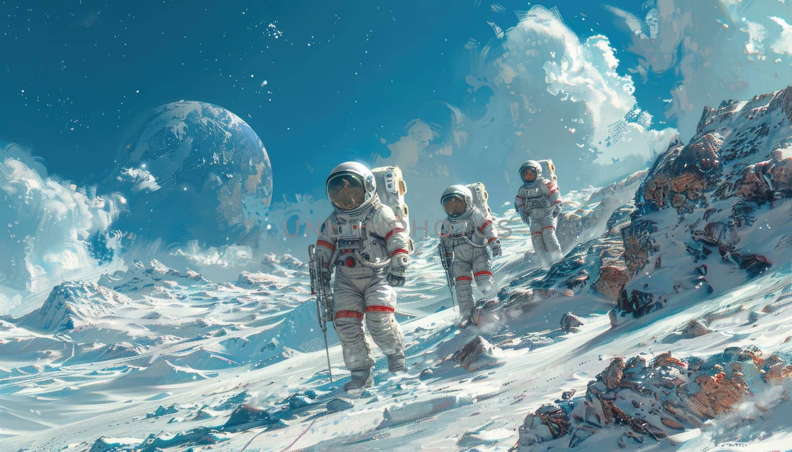 Three astronauts are in space, one of them is wearing a NASA suit by AI generated image by wichayada