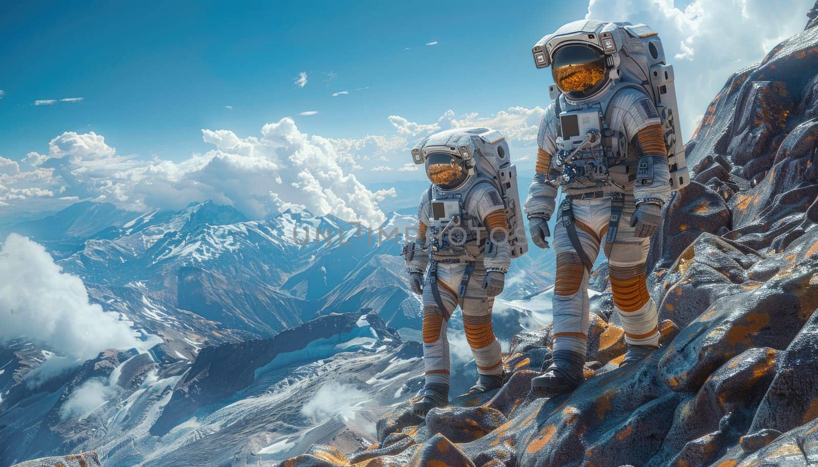 Two astronauts are walking on a snowy surface by AI generated image by wichayada