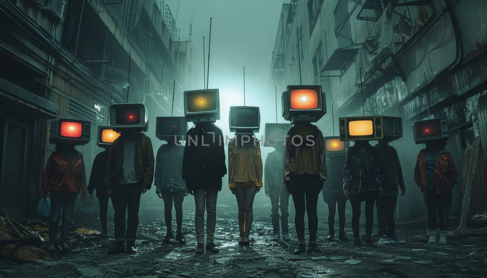 A group of people are standing in front of a building with their heads cut off by AI generated image.