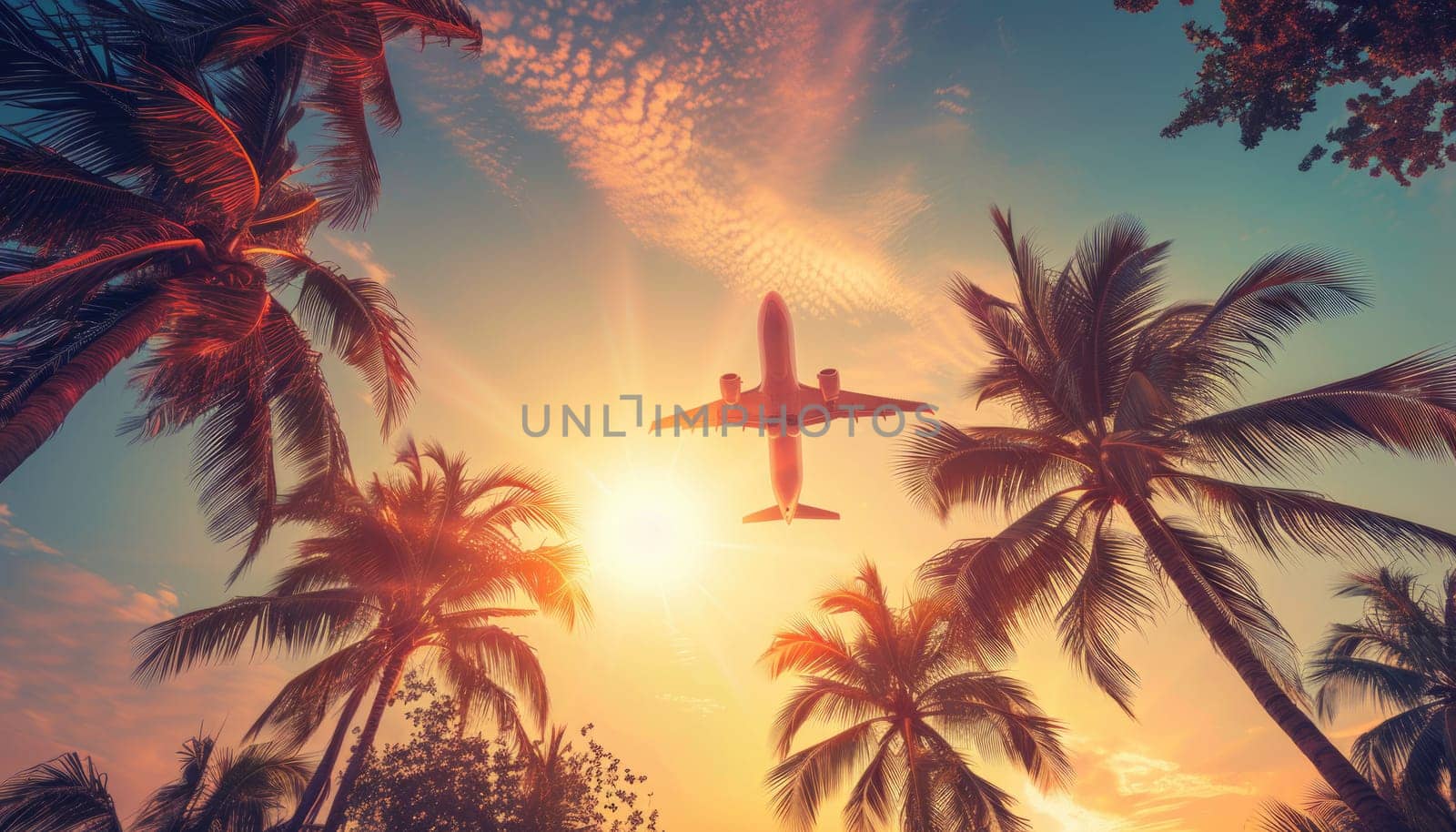 A plane is flying over a tropical forest with palm trees by AI generated image.
