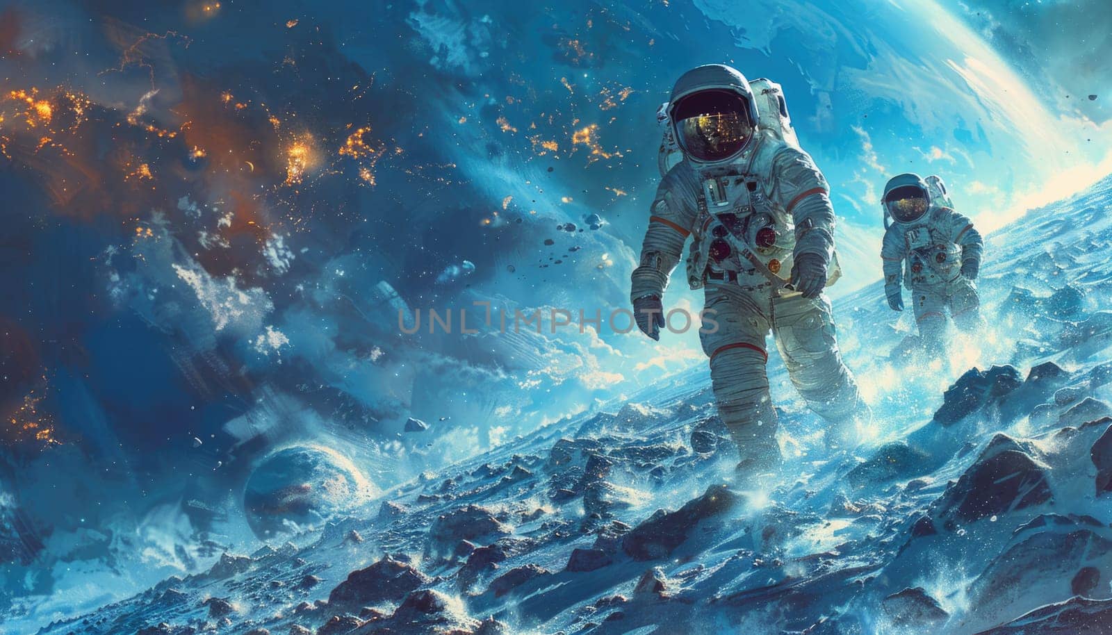 Two astronauts are walking on a snowy surface by AI generated image.