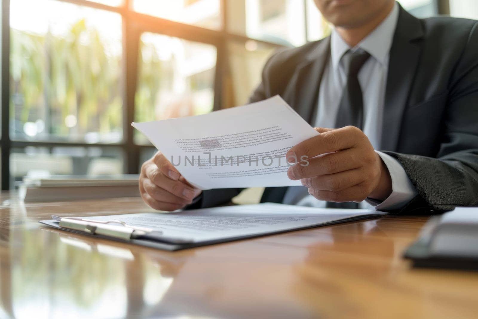 Businessman reviewing a contract, concept of legalities and formalities.