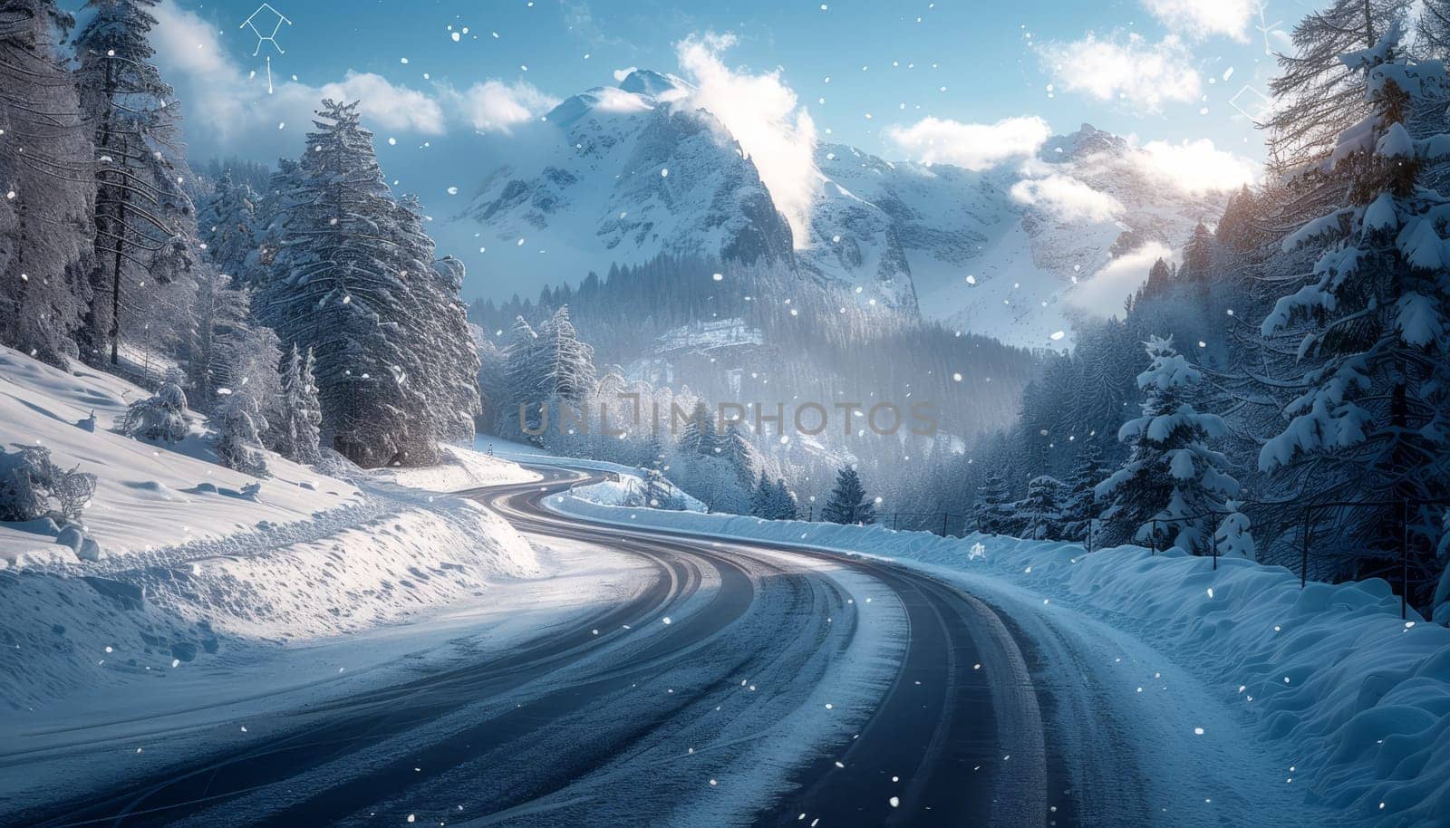 A snowy mountain range with a road in the middle by AI generated image.