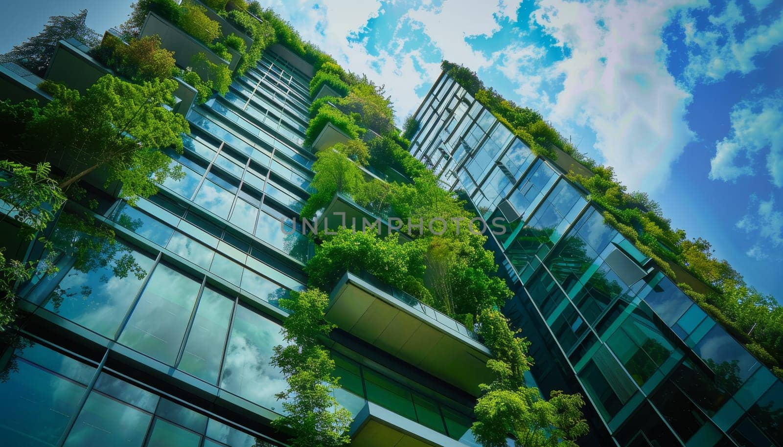 A tall building with a lot of green plants growing on it by AI generated image by wichayada