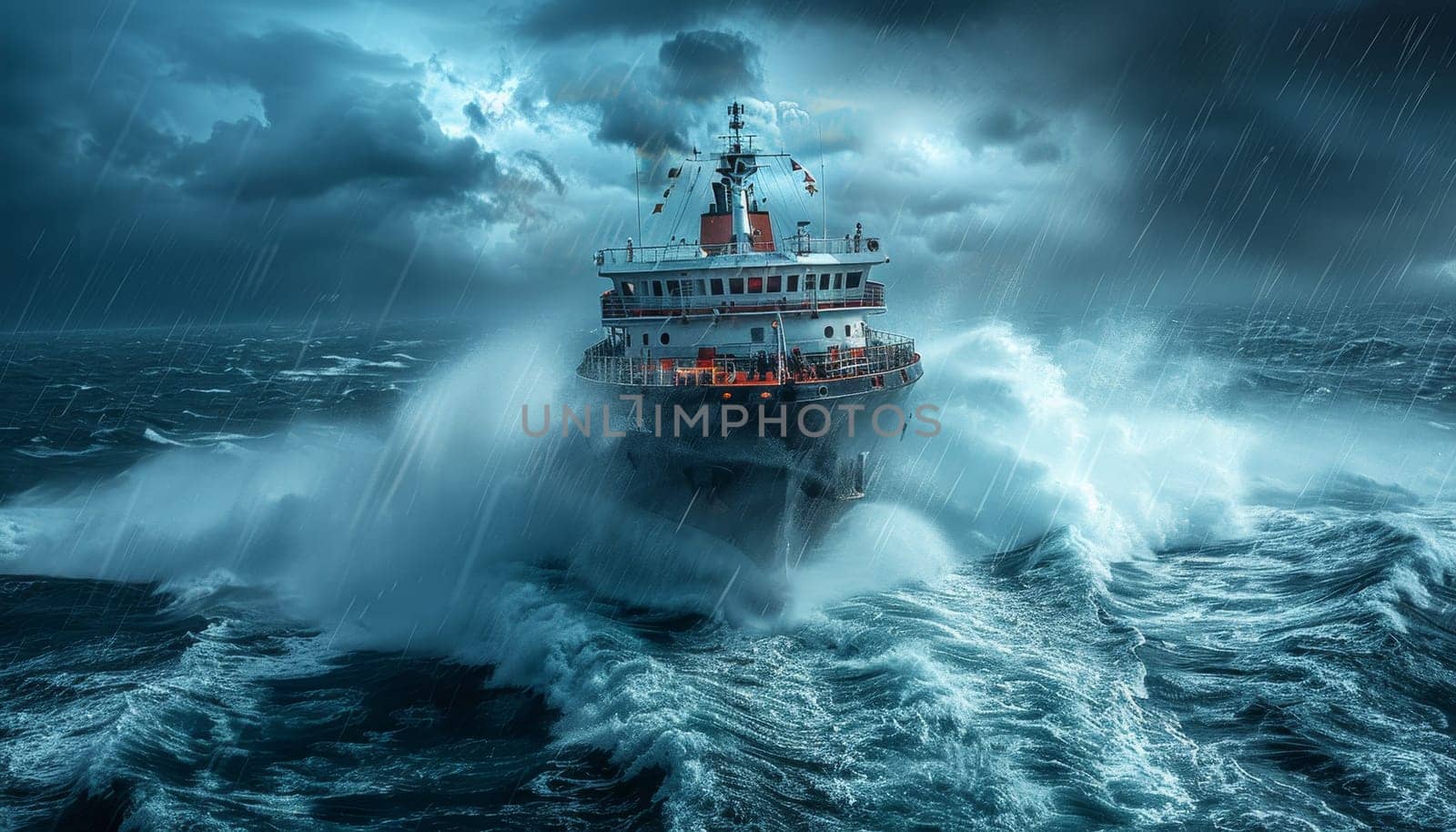 A large ship is in the middle of a stormy sea by AI generated image.