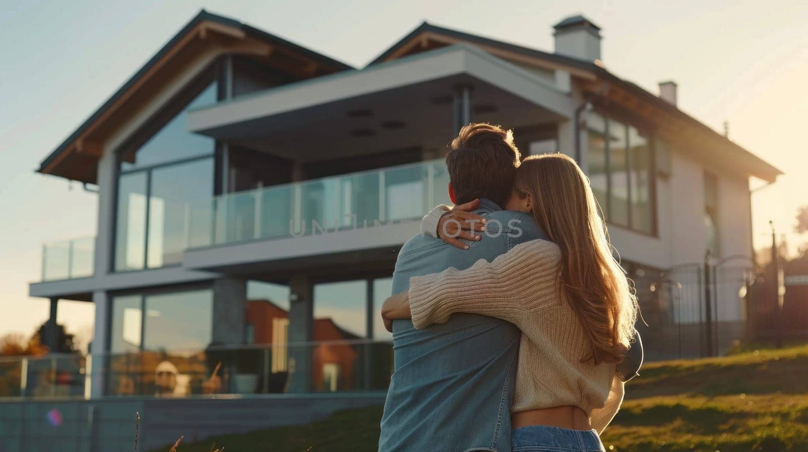 Couple embracing in front of their new big modern house, Buying your dream home concept.