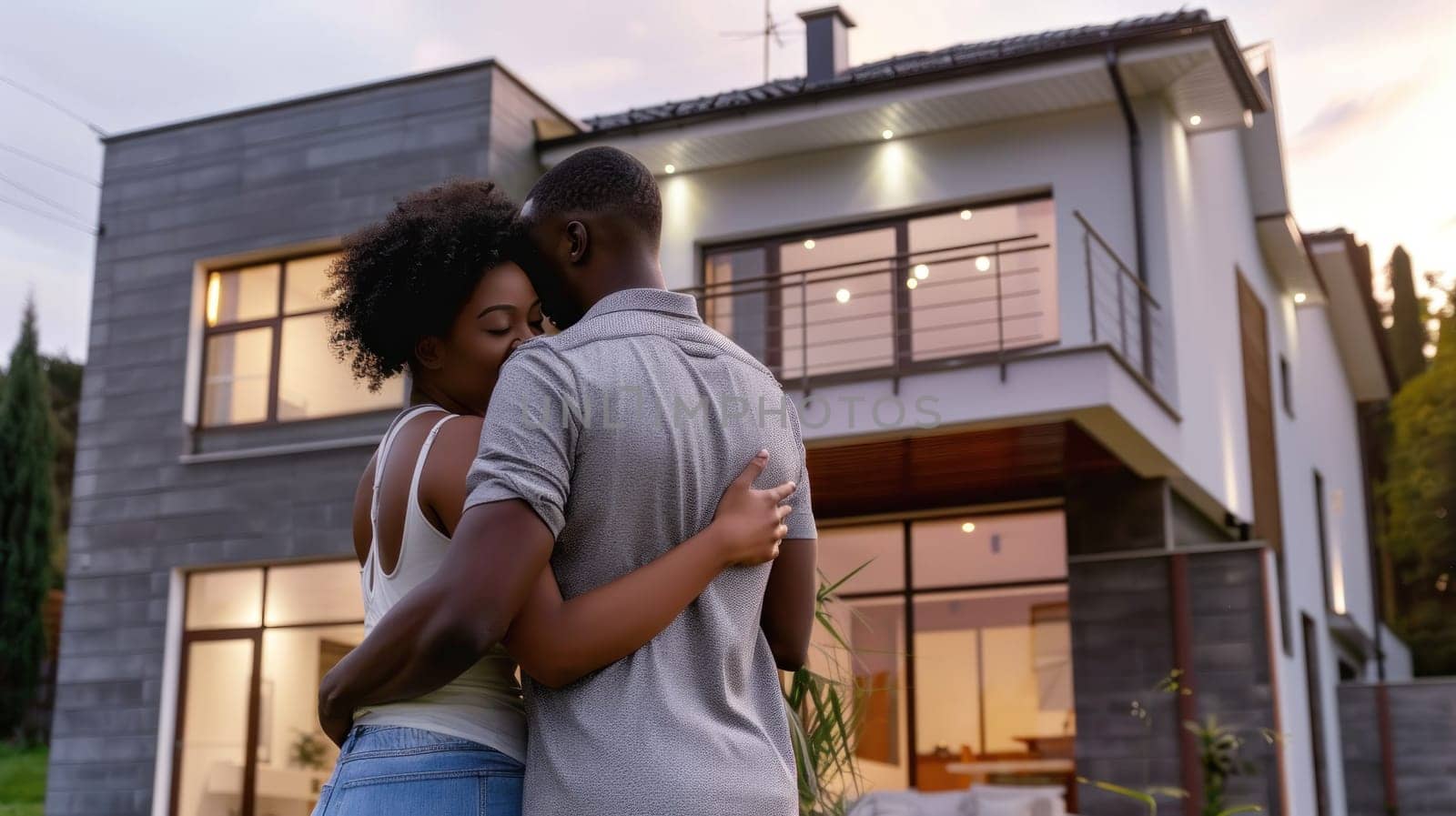 Couple embracing in front of their new big modern house, Buying your dream home concept.