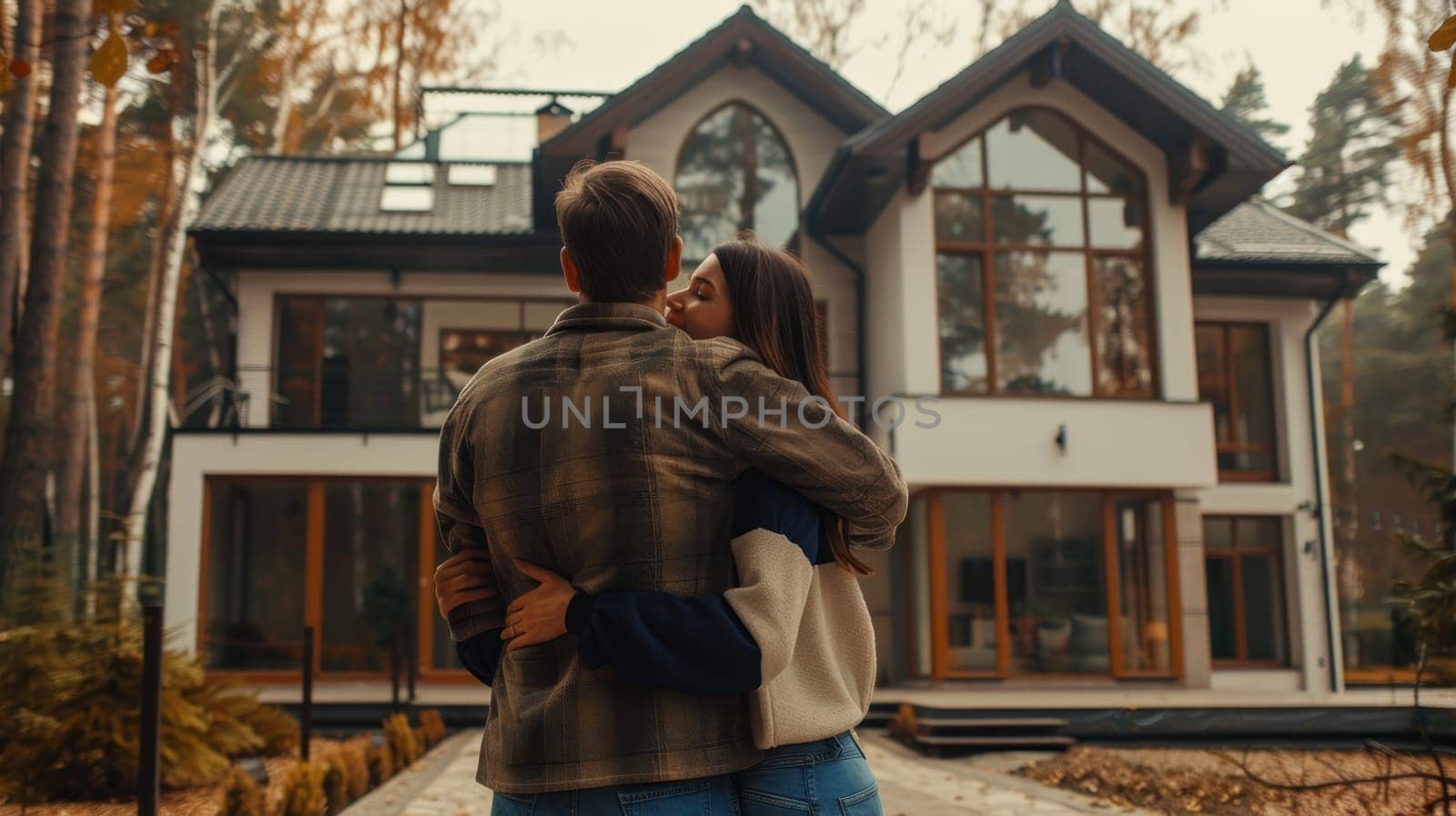 Couple embracing in front of their new big modern house, Buying your dream home concept.