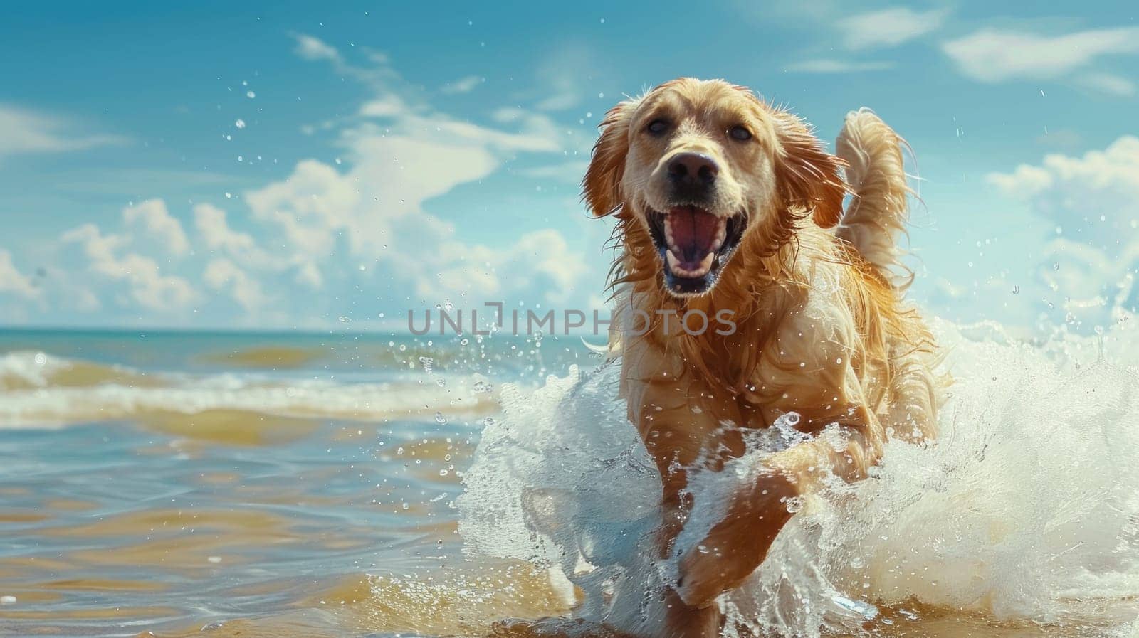 A happy Golden Retriever dog running on the beach.