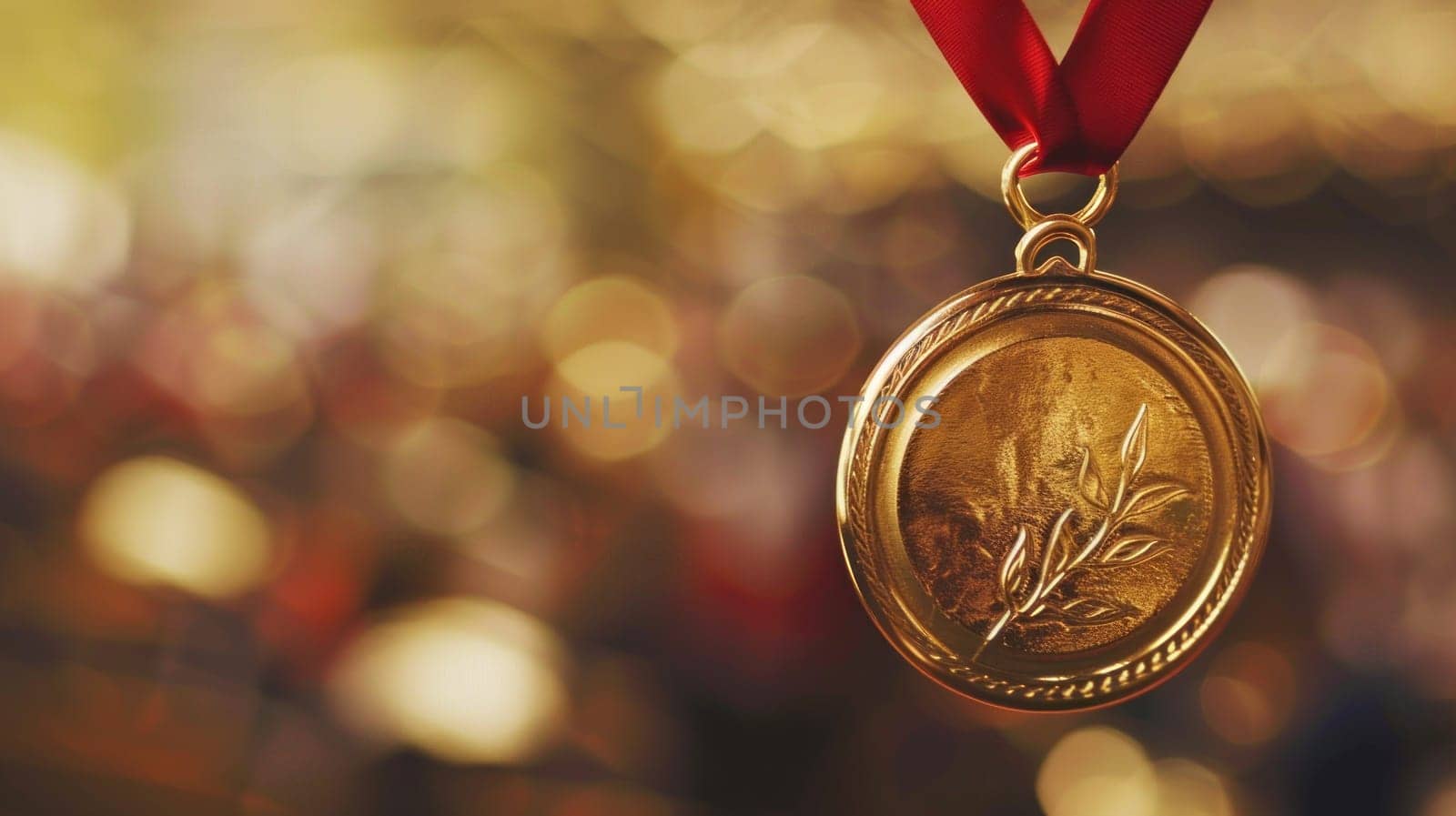 A gold medal with ribbons, set against a blurred background of a cheering audience.