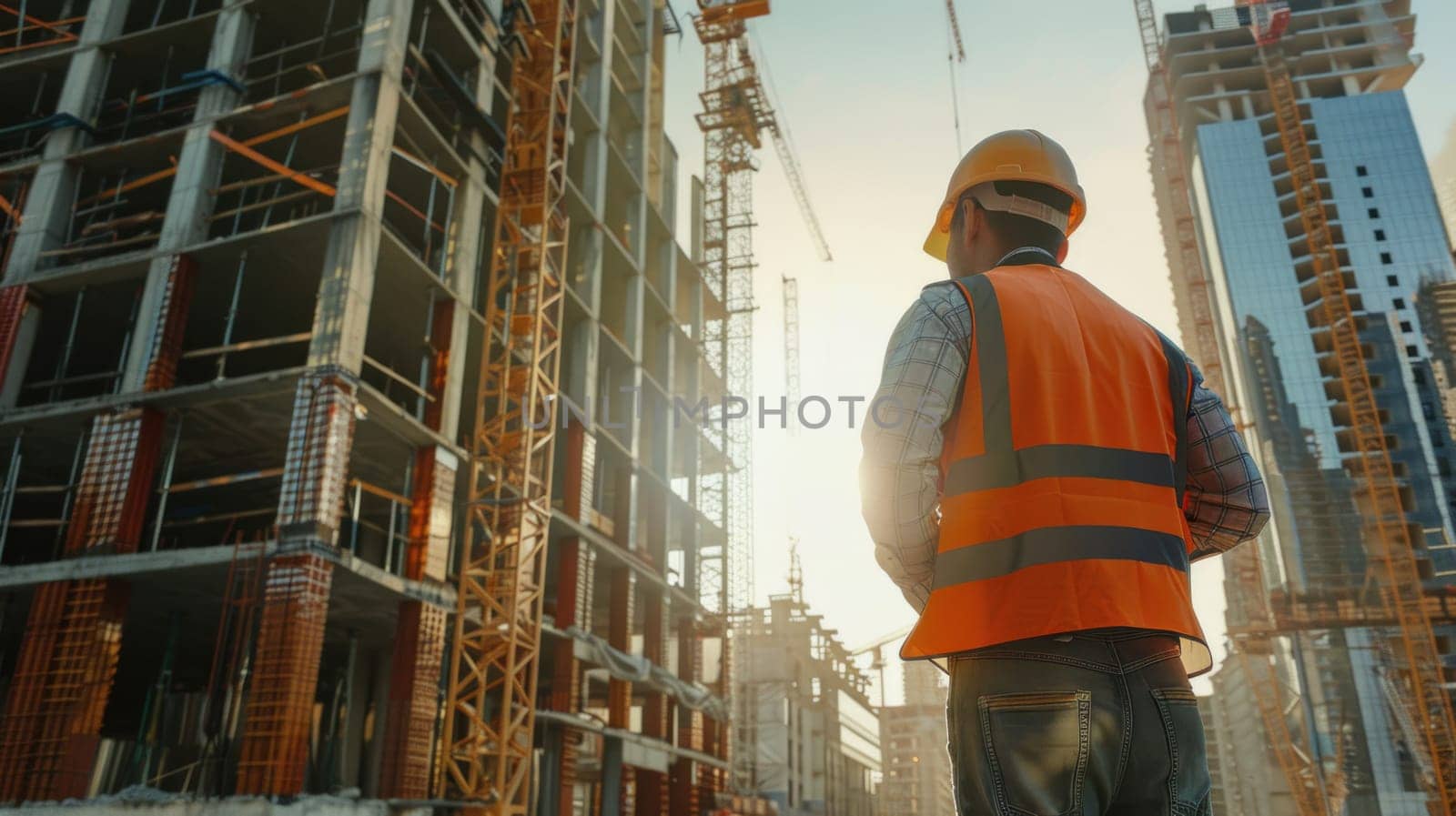 A construction worker in an orange vest stands in front of a building.