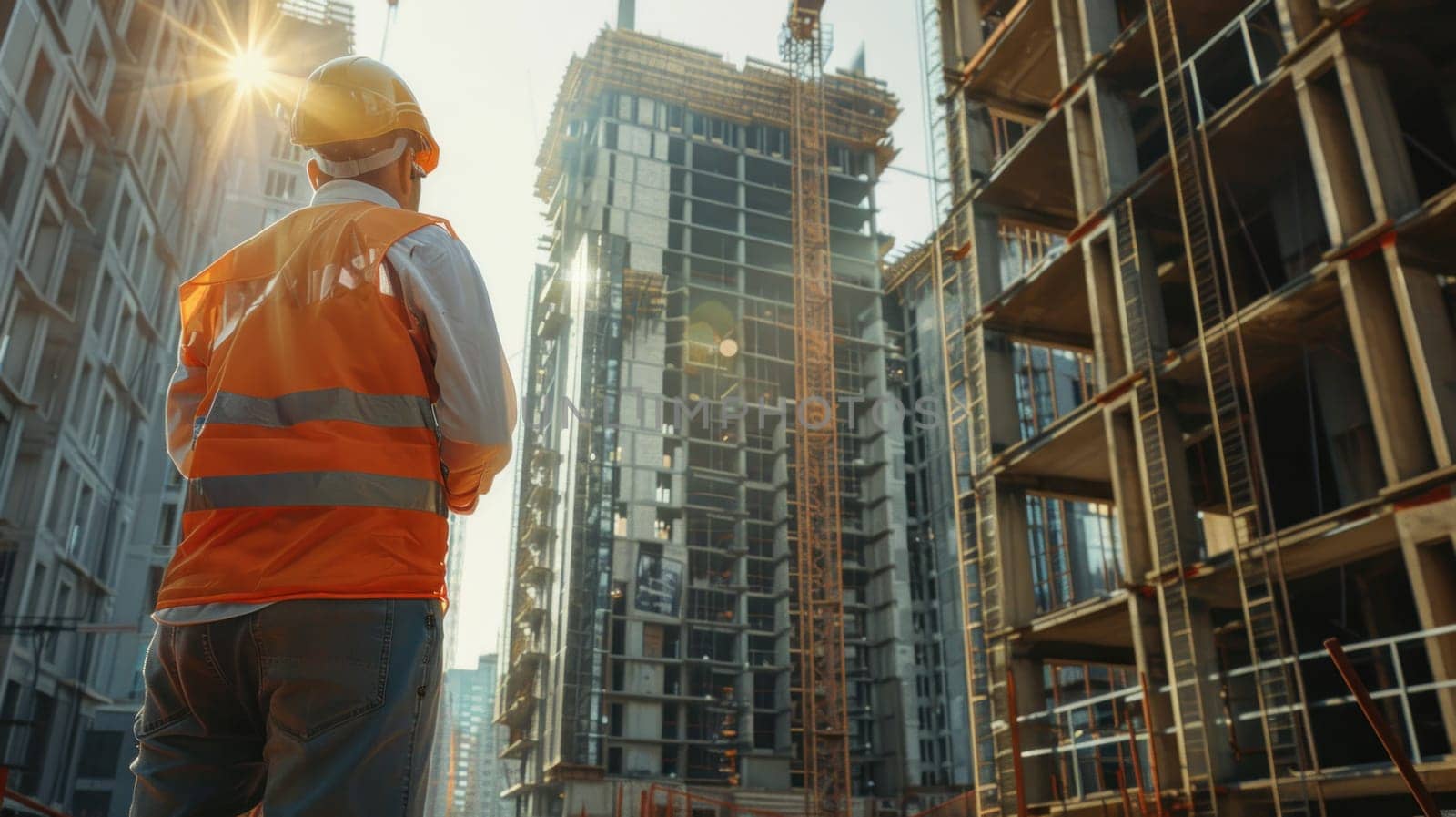 A construction worker in an orange vest stands in front of a building.