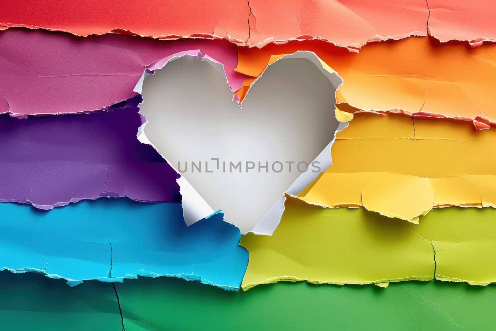 A colorful piece of paper with a heart cut out of it. The heart is surrounded by a rainbow of colors, and the paper appears to be torn or ripped. Concept of freedom and individuality