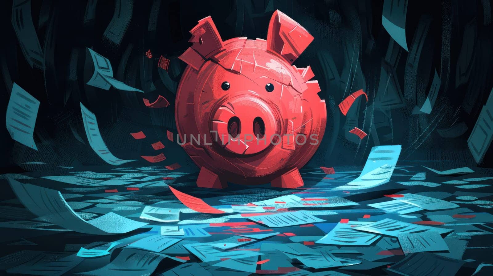 An abstract illustration of a broken piggy bank surrounded by overdue bills and debt collection letters.