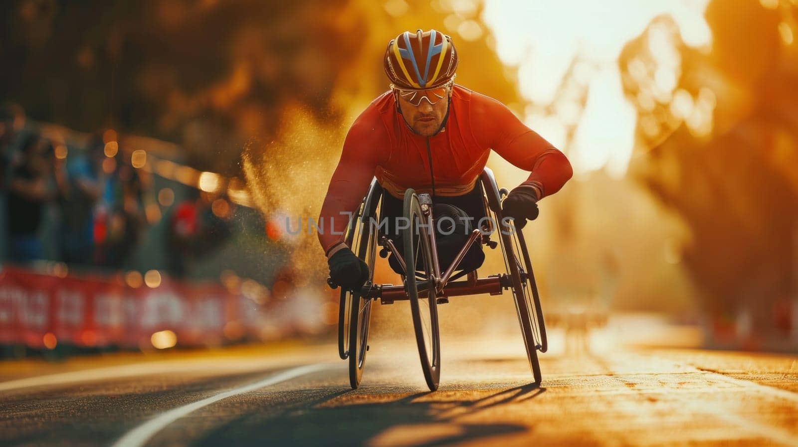 A man in a wheelchair is racing down a street, Paralympic concept.