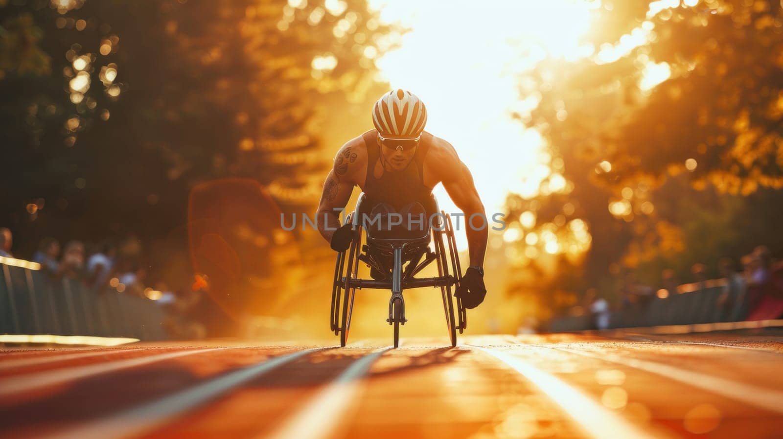 A man in a wheelchair is racing down a street, Paralympic concept.