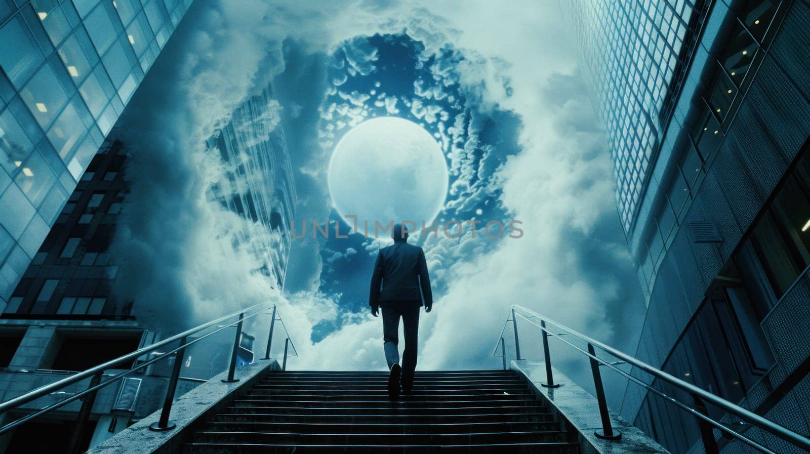 A man is walking on a set of stairs in front of a large moon.