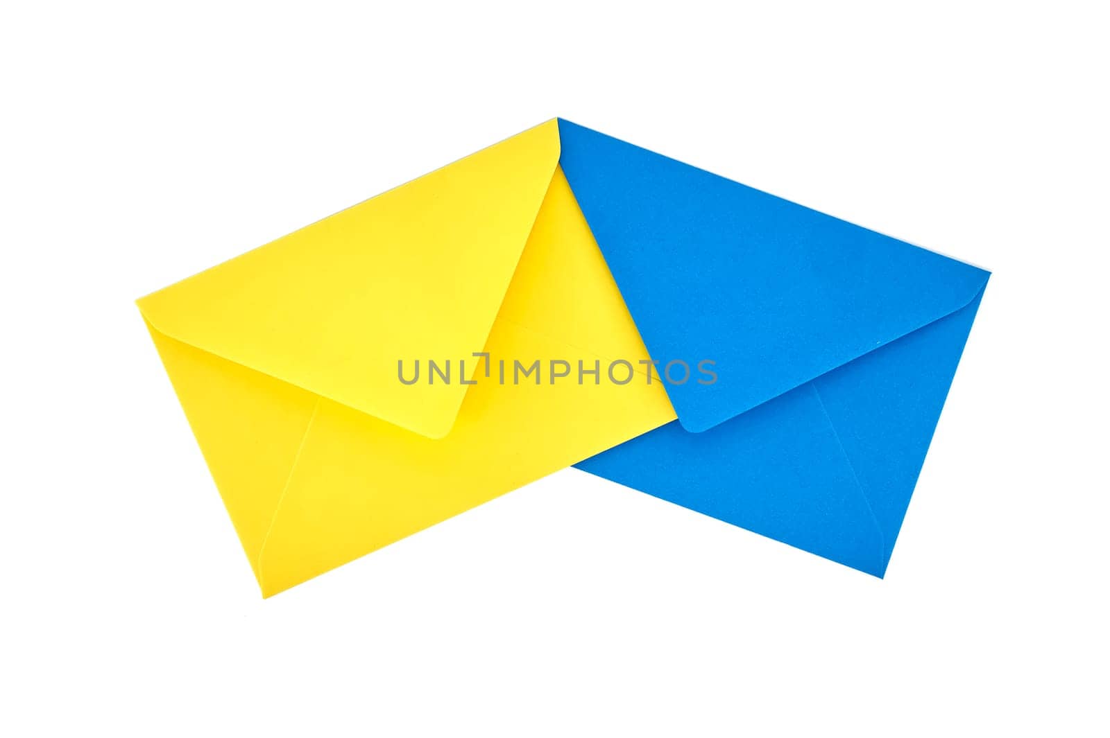 Yellow and blue paper envelopes arranged against a white background