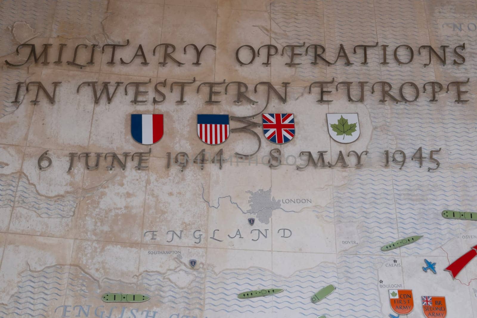 WWII war history sign at American Cemetery at Normandy area. WWII memorial. High quality photo