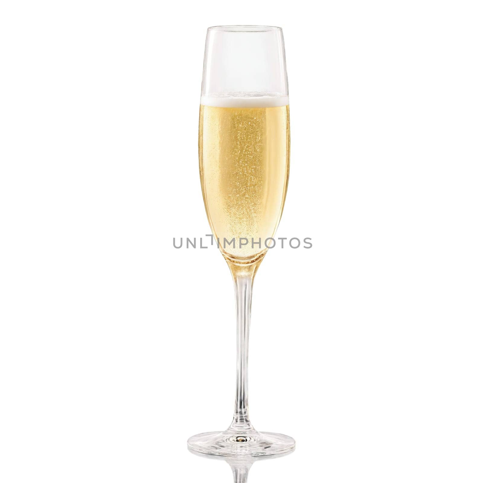 Champagne flute tall and slender one empty and one filled with sparkling golden champagne bubbles. Food isolated on transparent background.