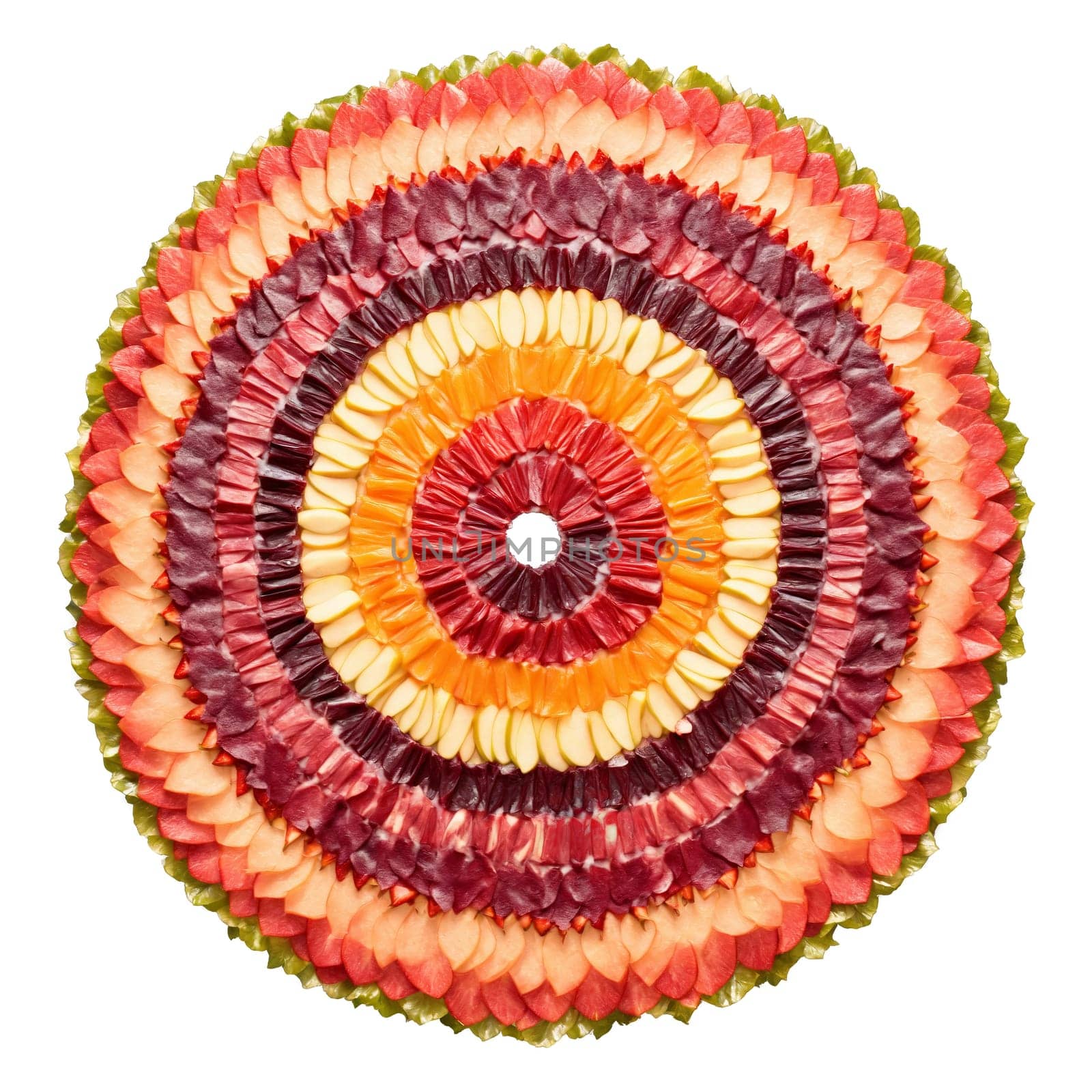 Fruit leather mandala a circular design of apple strawberry and peach fruit leathers with steam. Food isolated on transparent background.